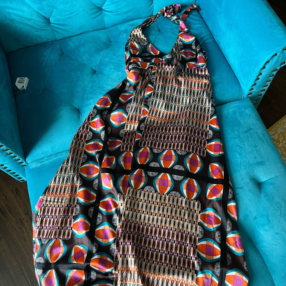 Vibrant multicolored satin halter wrap dress